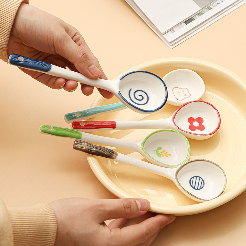 Ceramic spoon household high value long handle Japanese soup small spoon creative round head lovely soup soup spoon porridge