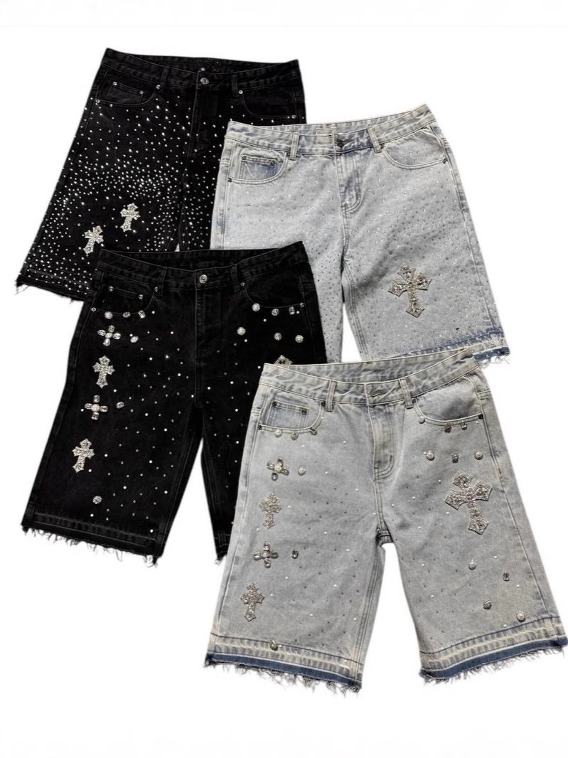 European and American Cross-Border High Street Full of Diamonds 2025 New Hip-Hop Cross Straight Hot Diamond Denim Shorts Five-Point Jeans