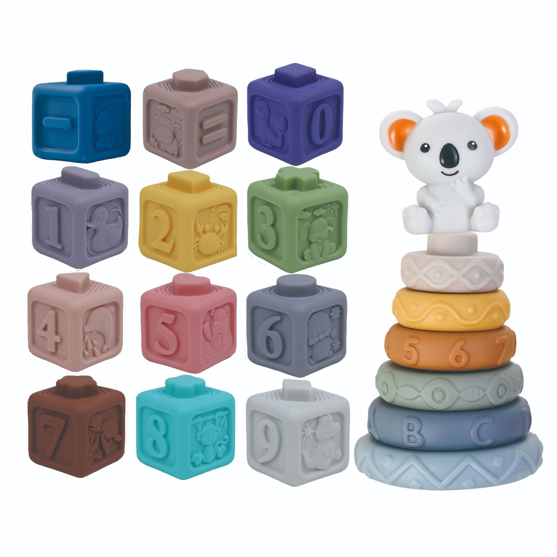 Кросс-бордерные мягкие строительные блоки для младенцев коала, раннее образование, игрушки для распознавания чисел и сопоставления, мягкие резиновые игрушки для stacking, игрушки сжатия и звука