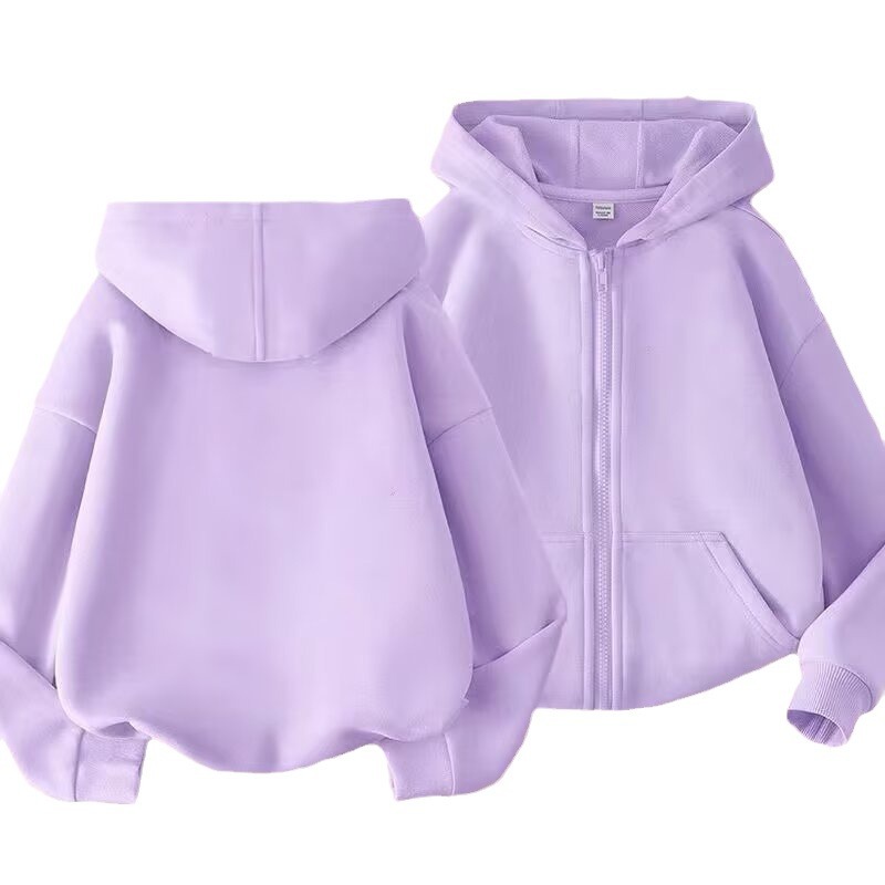 Boys and Girls Spring and Autumn Thin Cardigan Fashion Hooded Sweater Middle and Big Children Solid Color Casual Coat Zipper Sweater Trendy