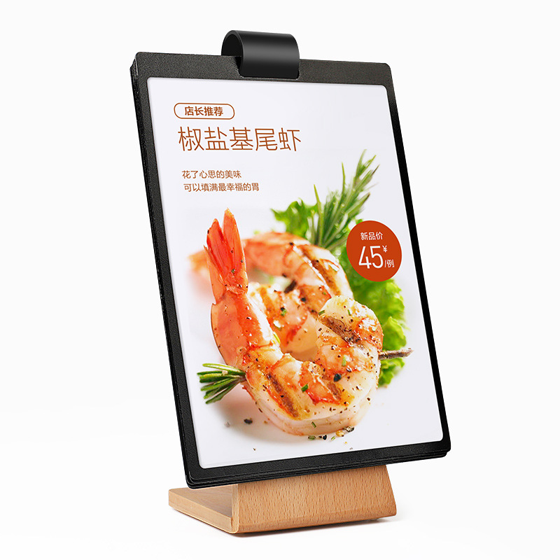Wooden Menu Loose-Leaf Table Card Promotional Display Stand Beech Wood Standing Table Sign Price Meal L-Shaped Bevel Flip Table Card