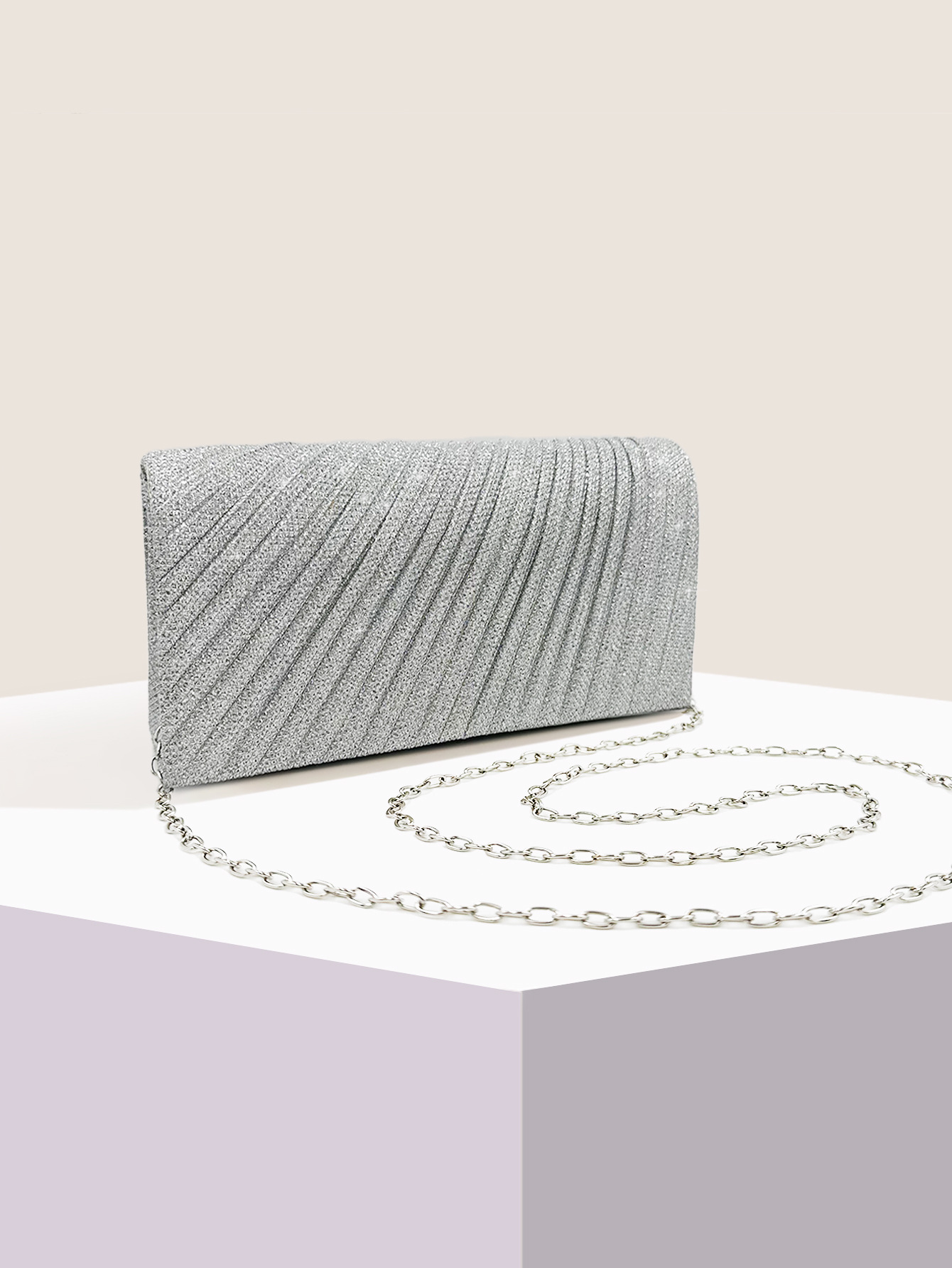 Cross-Border Ready-Made Mini Pleated Evening Bag Niche Banquet Clutch Bag Fine Glitter Chain Small Square Bag Evening Dress Bag