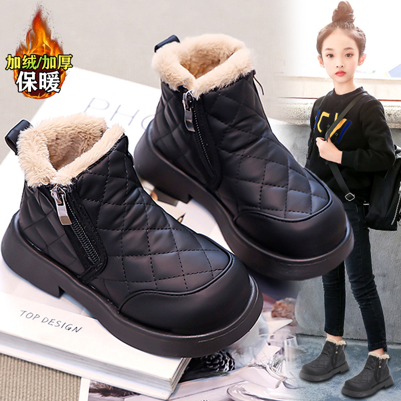 Детская обувь, зимние сапоги для девочек, с флисовой подкладкой, новые 2025, теплые черные хлопковые, средние и большие для девочек