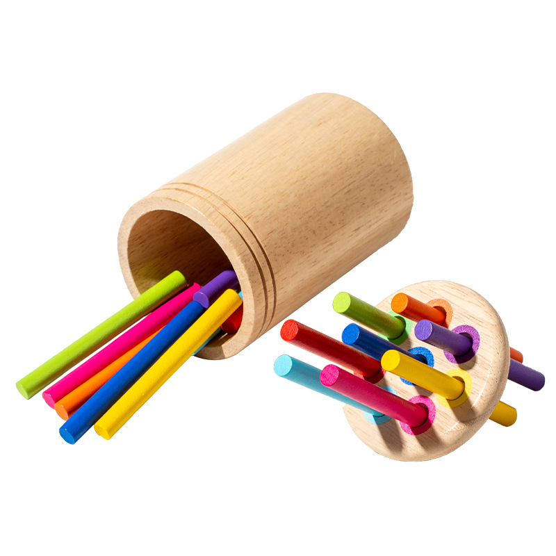 Cross-border children's solid wood matching tube 3 to 6 years old color shape cognitive matching environmental protection wooden educational toys wholesale
