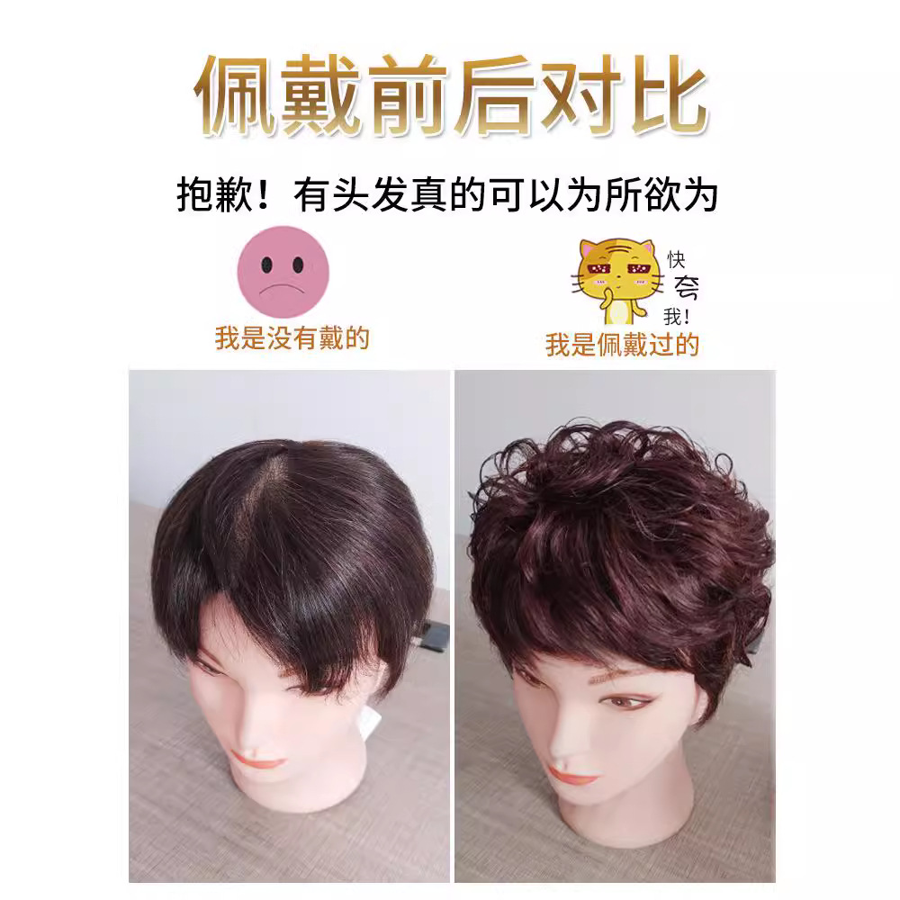 Hongxiu Selection - Full Real Hair Volume Increase Invisible Cover White Hair Short Curly Hair Fluffy Head Wig Replacement Piece
