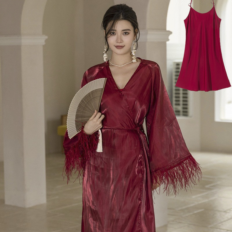 Sexy Pink Feather Dressing Gown Female Bride Wedding Spring Autumn Summer French Wedding High-End Bridesmaid Nightgown Two-Piece Set
