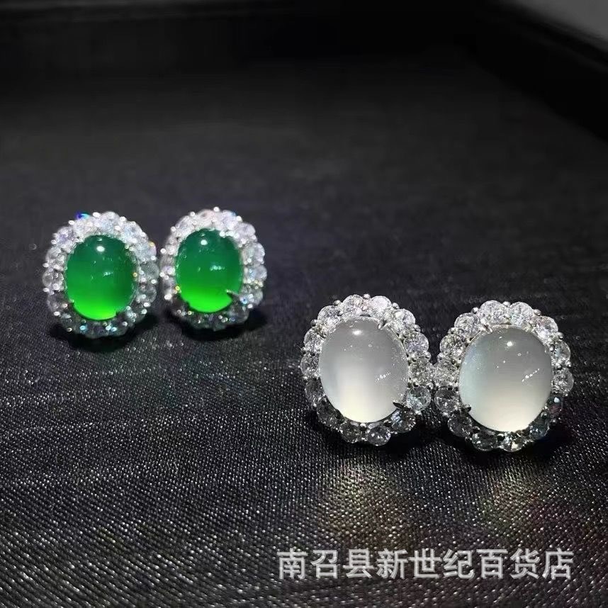 925 Silver Needle Inlaid Ice White Chalcedony New Chinese Style Earrings Green Agate Simple Jade Earrings Wholesale Supply
