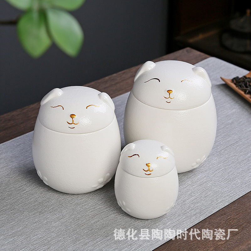 Tea Cans Lucky Cat Ornaments Tea Storage Pot Porcelain Sealed Pot Large Pot Portable Pet Curns Memorial Pot