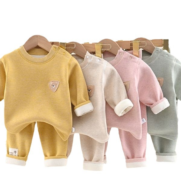 Silk cashmere baby fleece suit autumn and winter long-sleeved long-sleeved autumn clothes long pants thickened warm men's and women's baby home wear