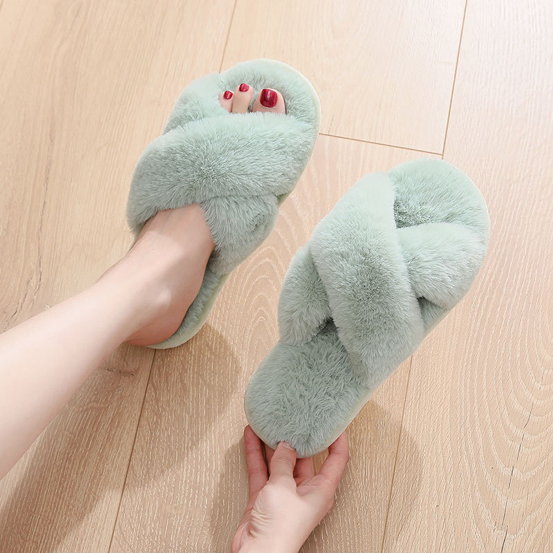Amazon Cross-Strap Plush Slippers Autumn and Winter New Indoor Warm Cotton Shoes Thickened Leaky Toe Furry Slippers