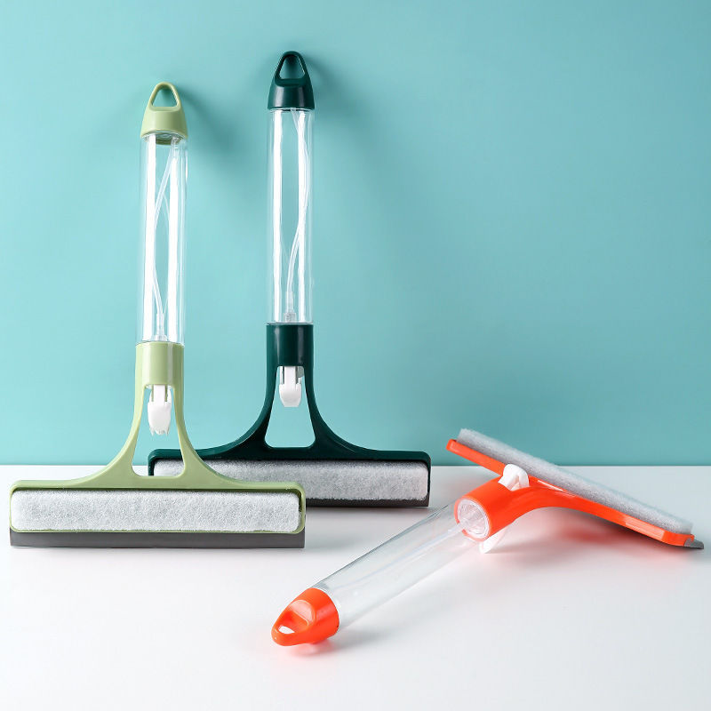 Short-Handled Handheld Water Spray Window Scraper with Built-In Nozzle Window Cleaning and Wiper Three-In-One Bathroom Glass Mirror Cleaner