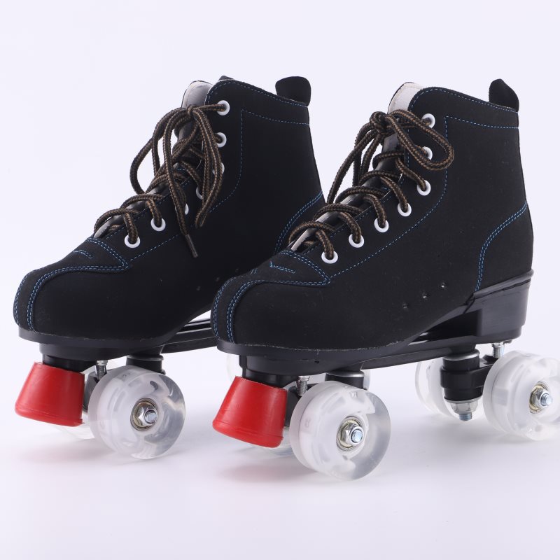 Boge adult double row skates four-wheel cowhide PU flash All Black Roller Skates roller skates special offer