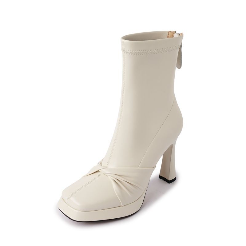 Autumn and Winter High Heels Women's Square Head Thick Heel High Heel Bow Platform Ankle Boots Women's creamy-white Black Stretch Boots