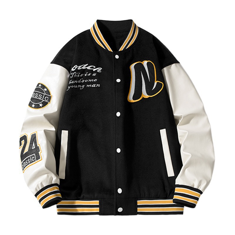 Customized American Cotton Woolen Baseball Uniform Pu Leather Sleeve Towel Embroider Men's Stand Collar Fleece-Lined Jacket with Custom Logo
