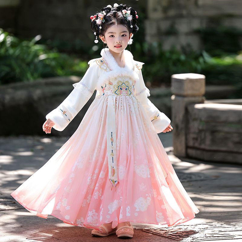 Girls' Hanfu Winter Fleece-Lined Warm Dress Children's Chinese Style Tang Suit Dress Little Girl's Flowing Ancient Costume Dress