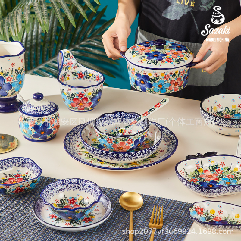 Export Export Ceramic Tableware Underglaze Color Household Bowls, Plates, Spoons, Soup Bowls, Simple Ceramic Tableware, High-End