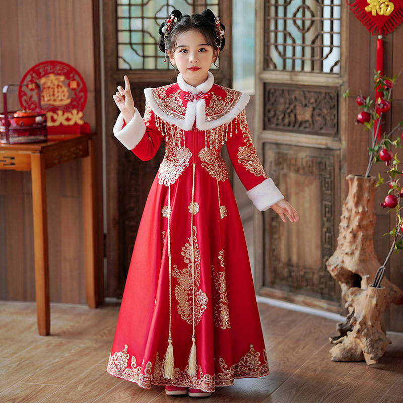 Girls' hanfu Chinese style winter fleece-lined children's New Year greeting clothes Tang suit red ancient costume dress little girl's skirt