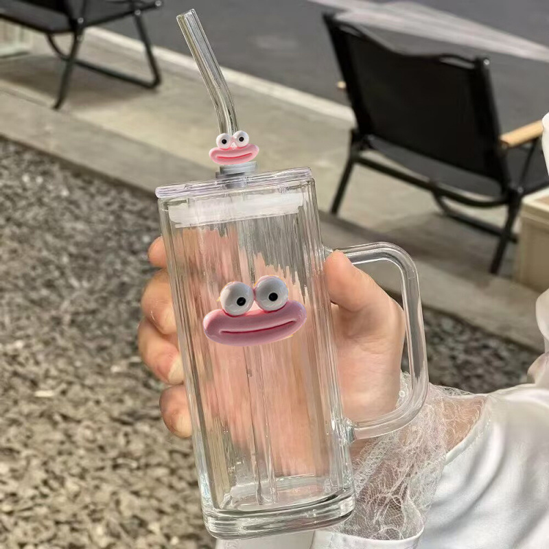 Back-To-School Season Creative Sausage Mouth Square Glass Cup Ins Cup Straw Handle High-Value Coffee Cup Female Water Cup