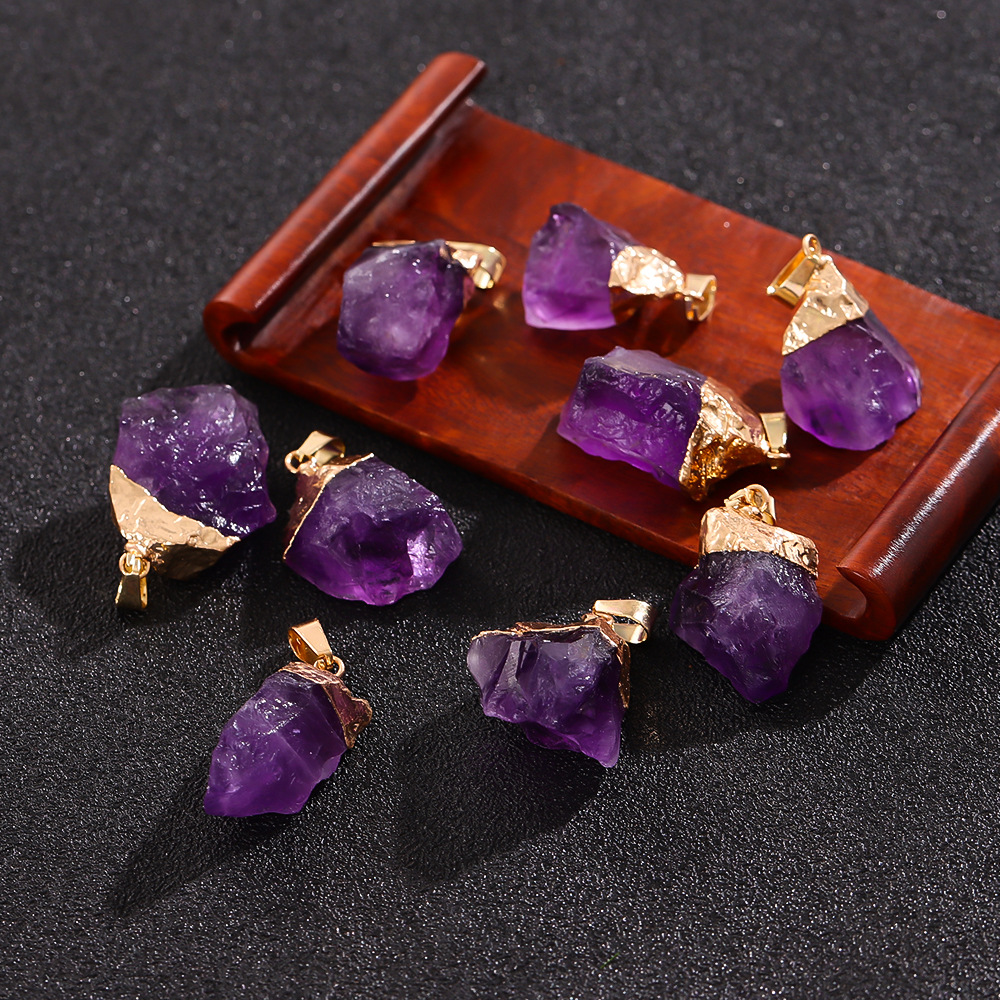 Natural Amethyst Pendant, Asymmetrical Crystal Raw Stone Gold-Plated Necklace DIY Accessories Pendant Amethyst Pendant Cross-Border