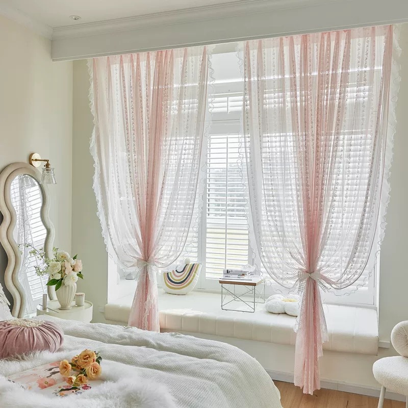 French Girly Pink Lace Window Screen White Gauze Curtain Light-Impermeable New Bedroom Semi-Shading Princess Style Curtain Gauze