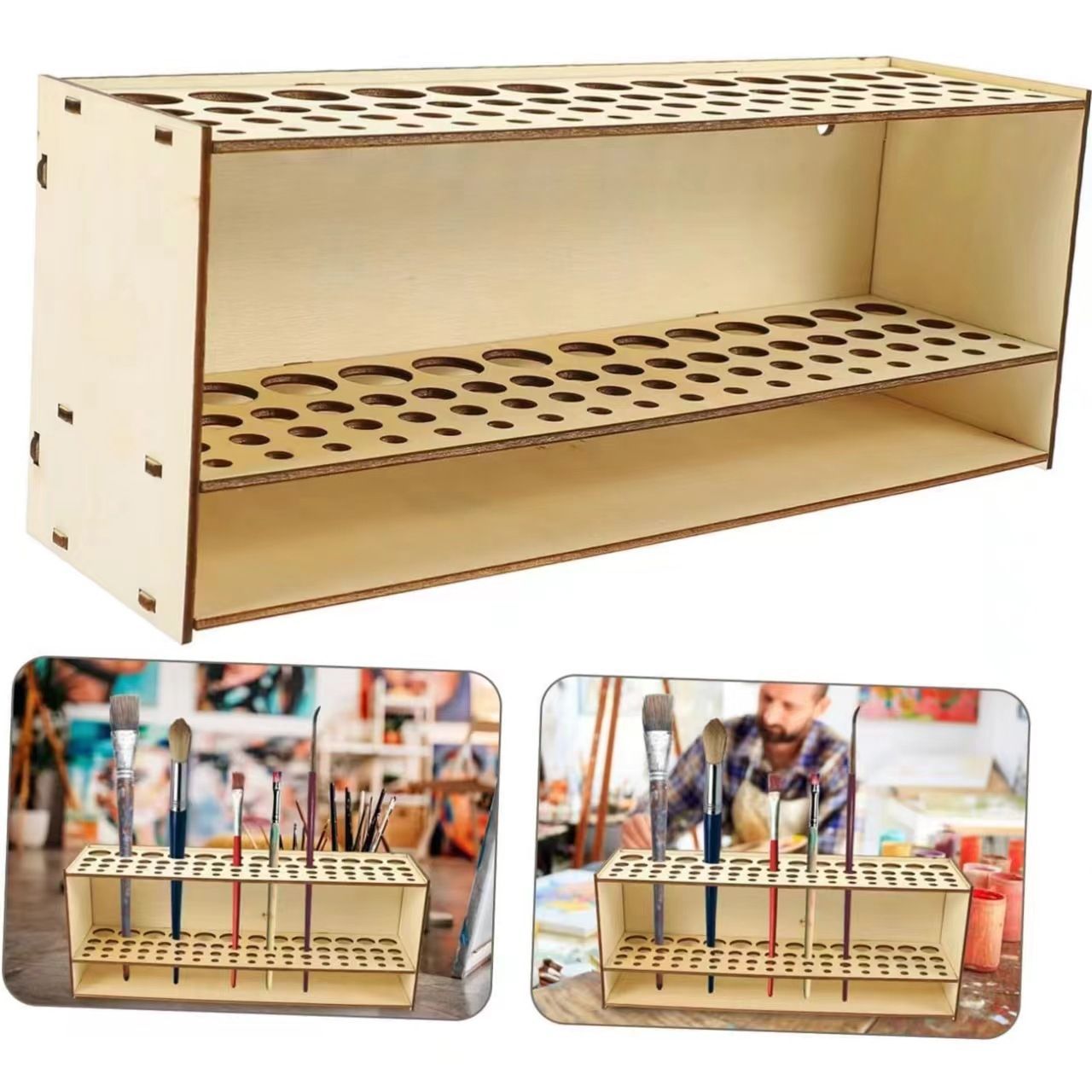 Wooden Brush Holder Large Capacity Storage Porous Support Office Desk Pen Storage Bracket Removable Wall Hanging Rack Ornaments