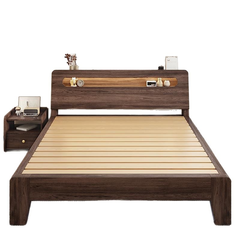 Solid Wood Bed Deep Walnut Style 1.5m Home Double Bed 1.8 Master Bedroom Economical Single Bed Frame for Rental Housing