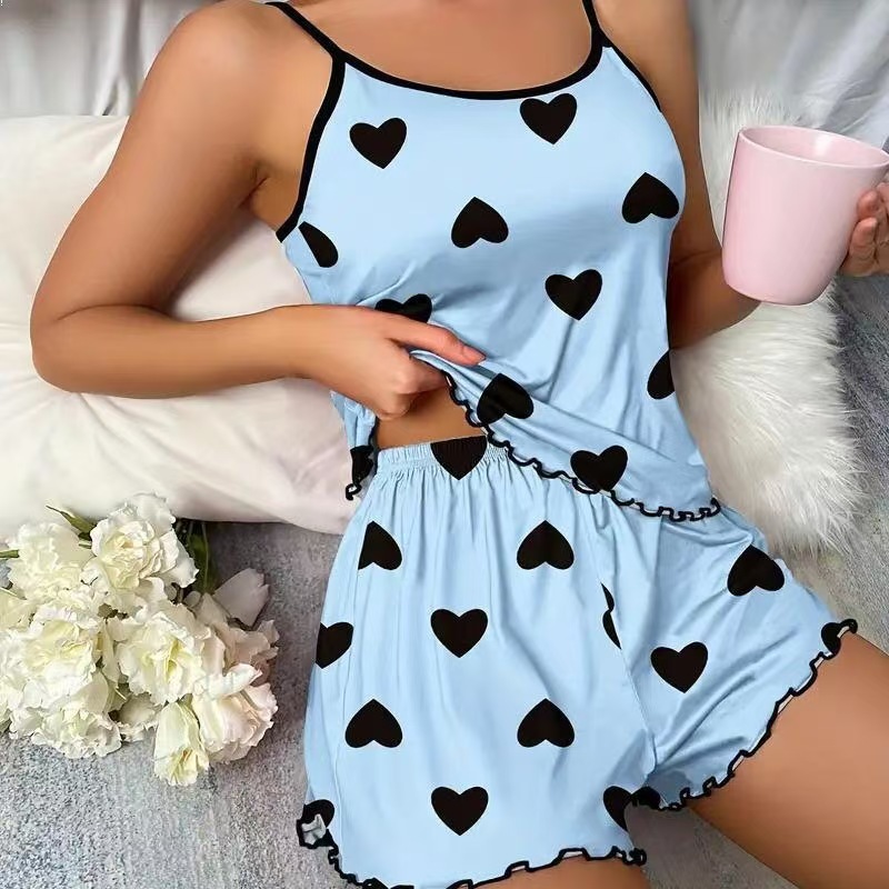 European and American Style Butterfly Print Pajama Set with Camisole, Elastic Waistband Shorts, Women's Sleepwear and Short Loungewear