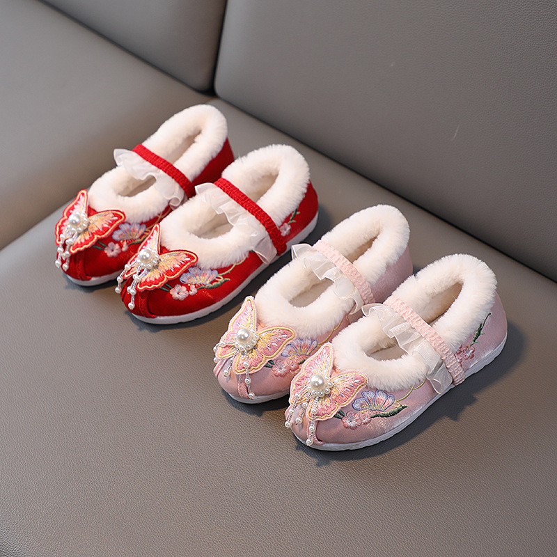 Осенние и зимние вышитые туфли ханфу для девочек, этнический стиль, бархатные туфли, древний стиль, обувь для выступлений