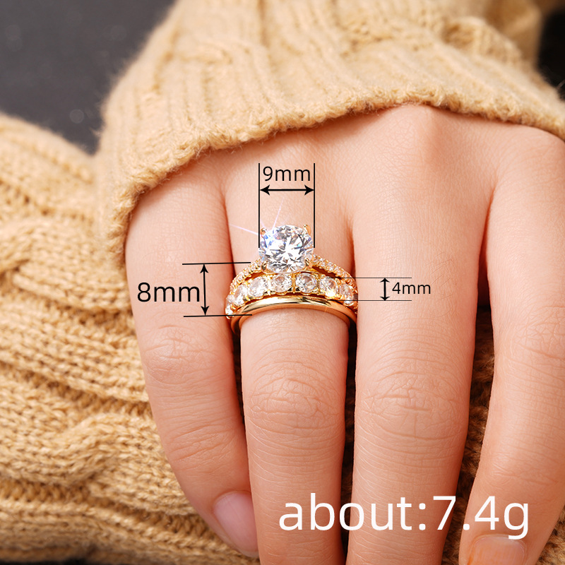Cao Shi European and American Export Elegant Ring Three-Piece Set with Zircon Elegant Diamond Ring Wedding Party Matchinging Ring