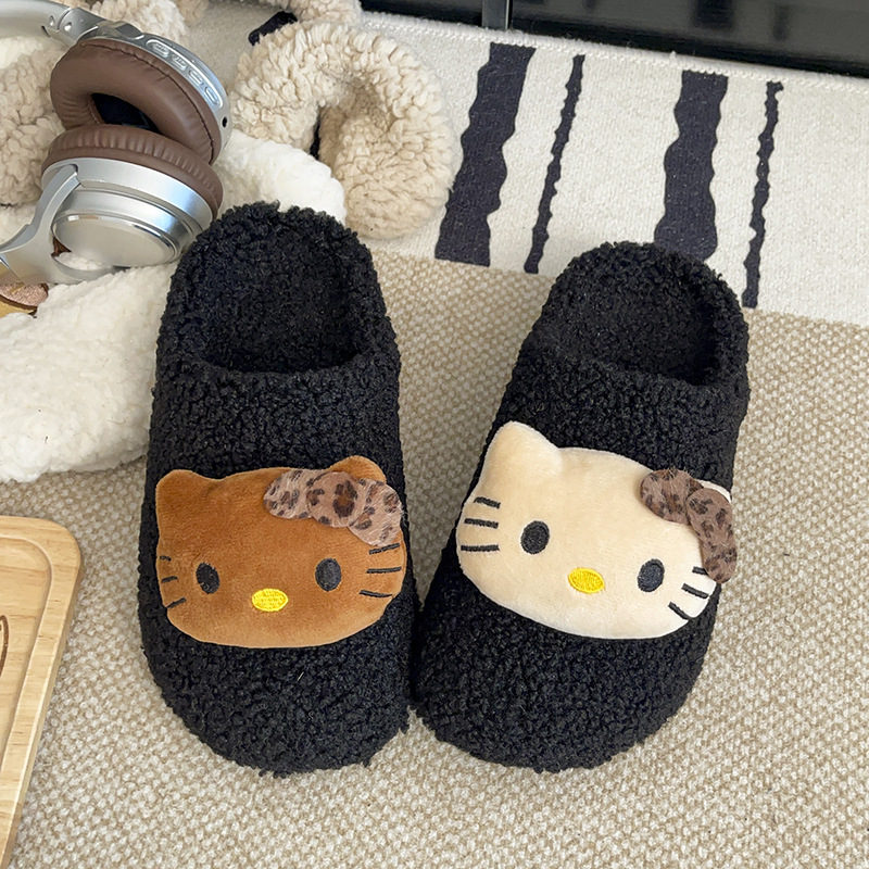 Cute Kt Cat Toe-Toe Furry Slippers for Women to Wear Outside in Autumn and Winter New Flats-Soled Home Warm Fleece-Lined Birkenstock Cotton Slippers