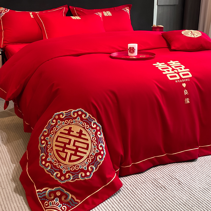 Высококачественный свадебный комплект из четырех предметов, покрывало для свадебной комнаты, постельное белье, свадебное приданое, большое красное свадебное покрывало