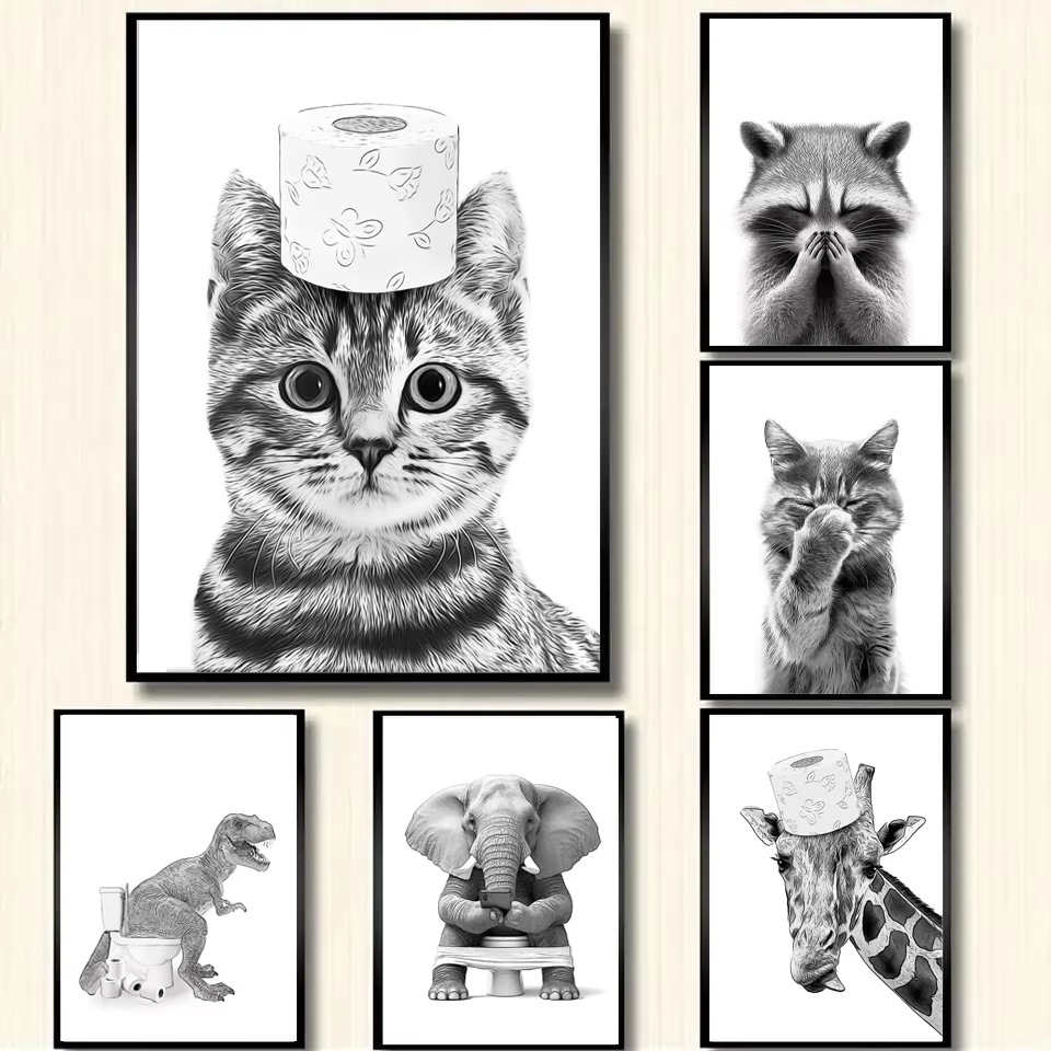 AliExpress selling black and white bathroom animal cat dog toilet toilet canvas painting decorative painting core poster