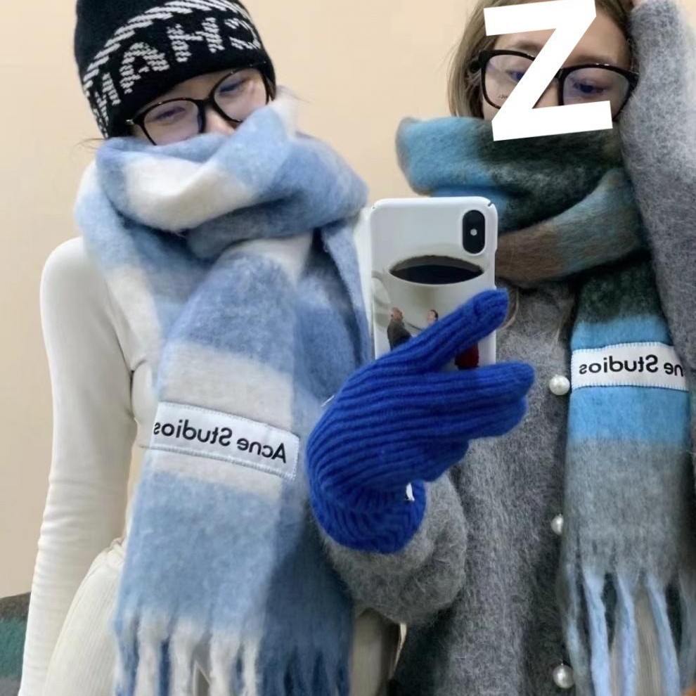 New Autumn and Winter Thickened Warm Rainbow Plaid Scarf European and American Style Loop Yarn Thick Tassel Color-Blocked Shawl