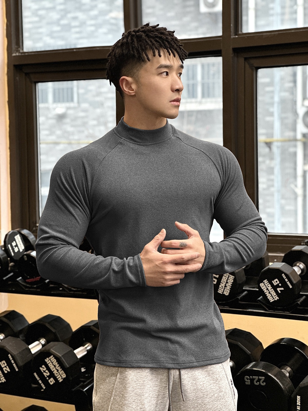 New Sports Casual Long Sleeve Loose Round Neck Men's Top Muscle fleece-lined Warm Fashion All-match Running T-shirt