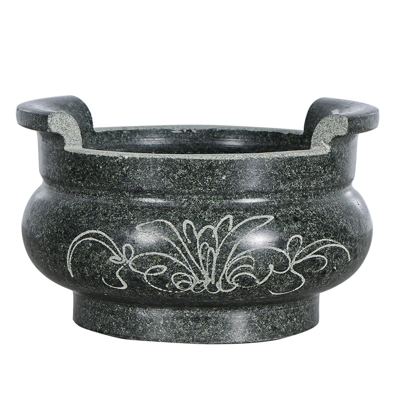 Hui'An Stone Carving Blue Stone Incense Burner Small Round Incense Burner Temple Worship Cemetery Wholesale Handmade Carving