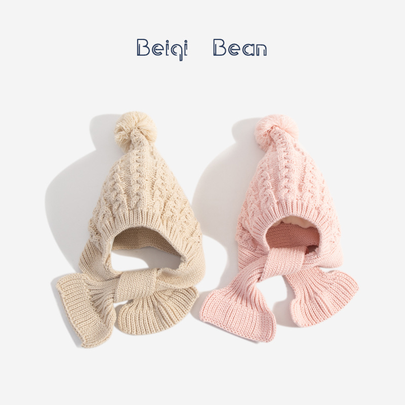 Autumn and Winter Kidsren's Hat and Scarf Integrated Woolen Baotou Hat K-Style Fleece-Lined Warm Knitted Ear Protection Hat for Male and Female Babies