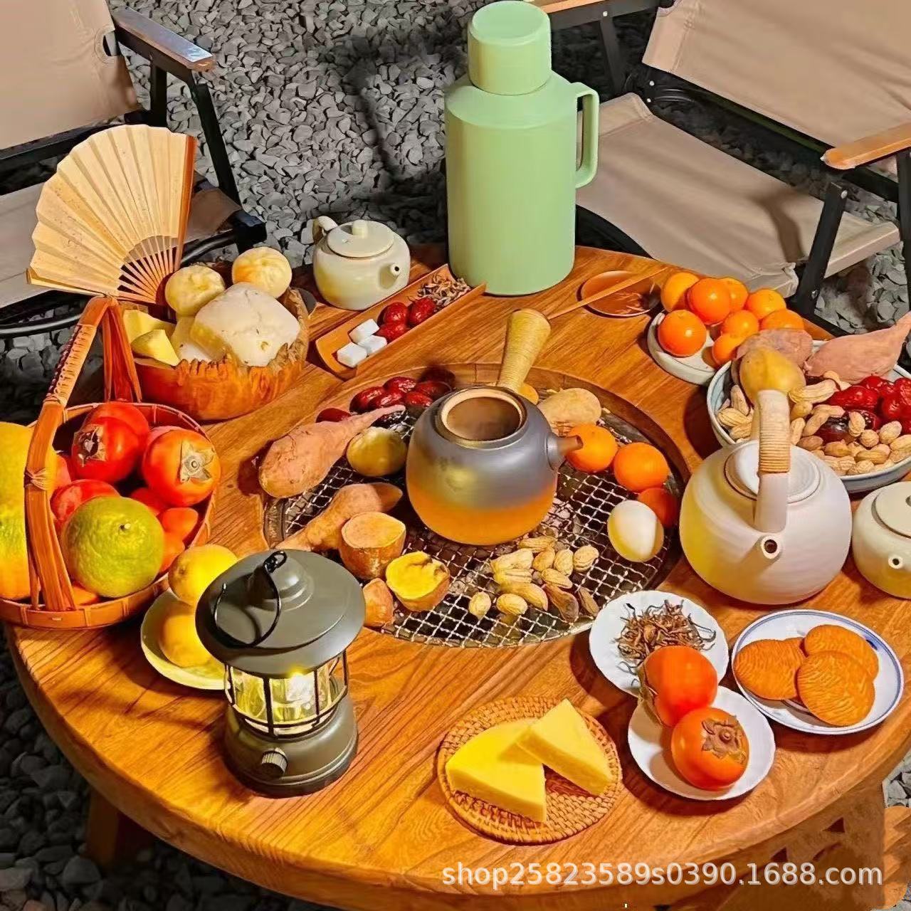 Old Elm Wood Small Round Table for Tea Brewing, Tea Table with Stove, Barbecue Hot Pot Table, Solid Wood Tea Table, Natural Wood Balcony Table, Fire Table