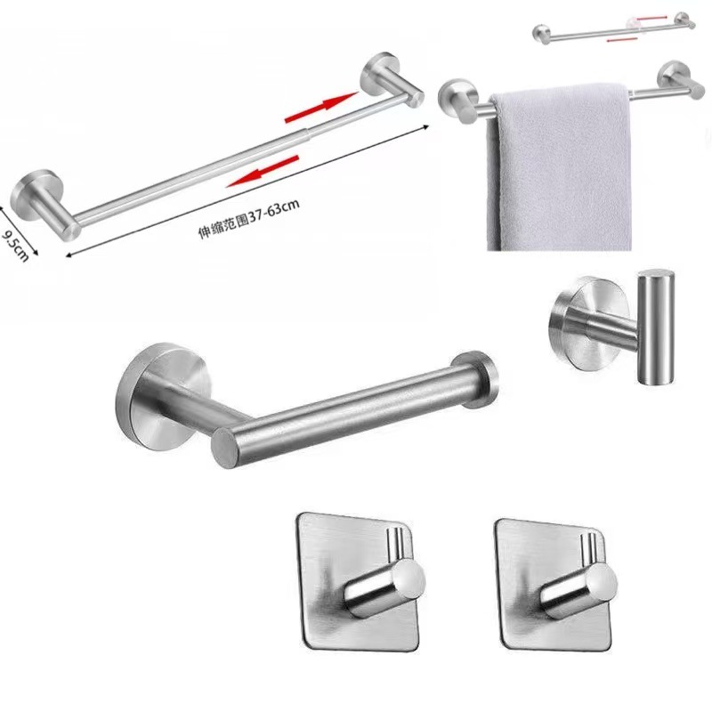 Cross-Border 304 Stainless Steel Towel Bar Black Set Punch-Free Bathroom Accessories Toilet Paper Holder Hook