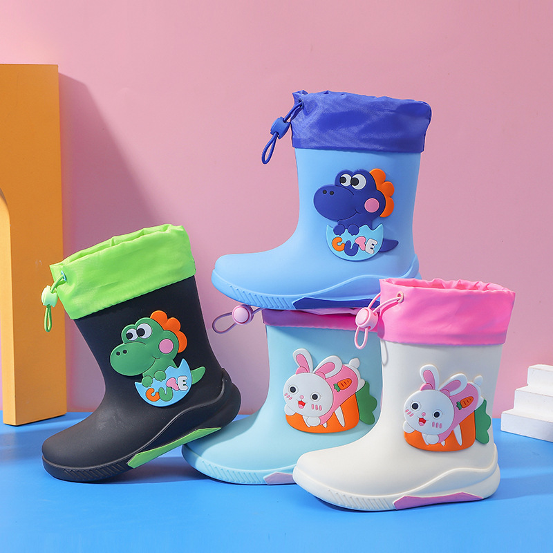 Children's Cartoon Rain Boots with Velvet Removable Rain Boots for Boys and Girls, Primary School Students, Middle and Large Kidsren's Waterproof Rain Boots, Mid-Tube Water Shoes