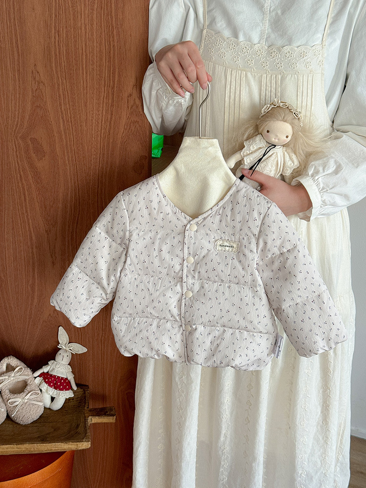 Baby Thickened down Jacket with Floral Pattern for Girls, Short Style, Autumn and Winter, 90% White Duck down Coat, Class a