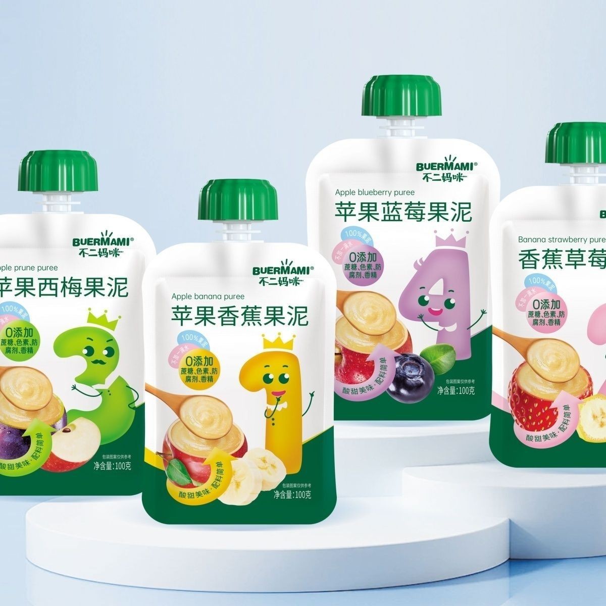 Пюре Fuji Mommy 100 г, с добавлением фруктового и овощного сока, яблоко, банан, черника, клубника