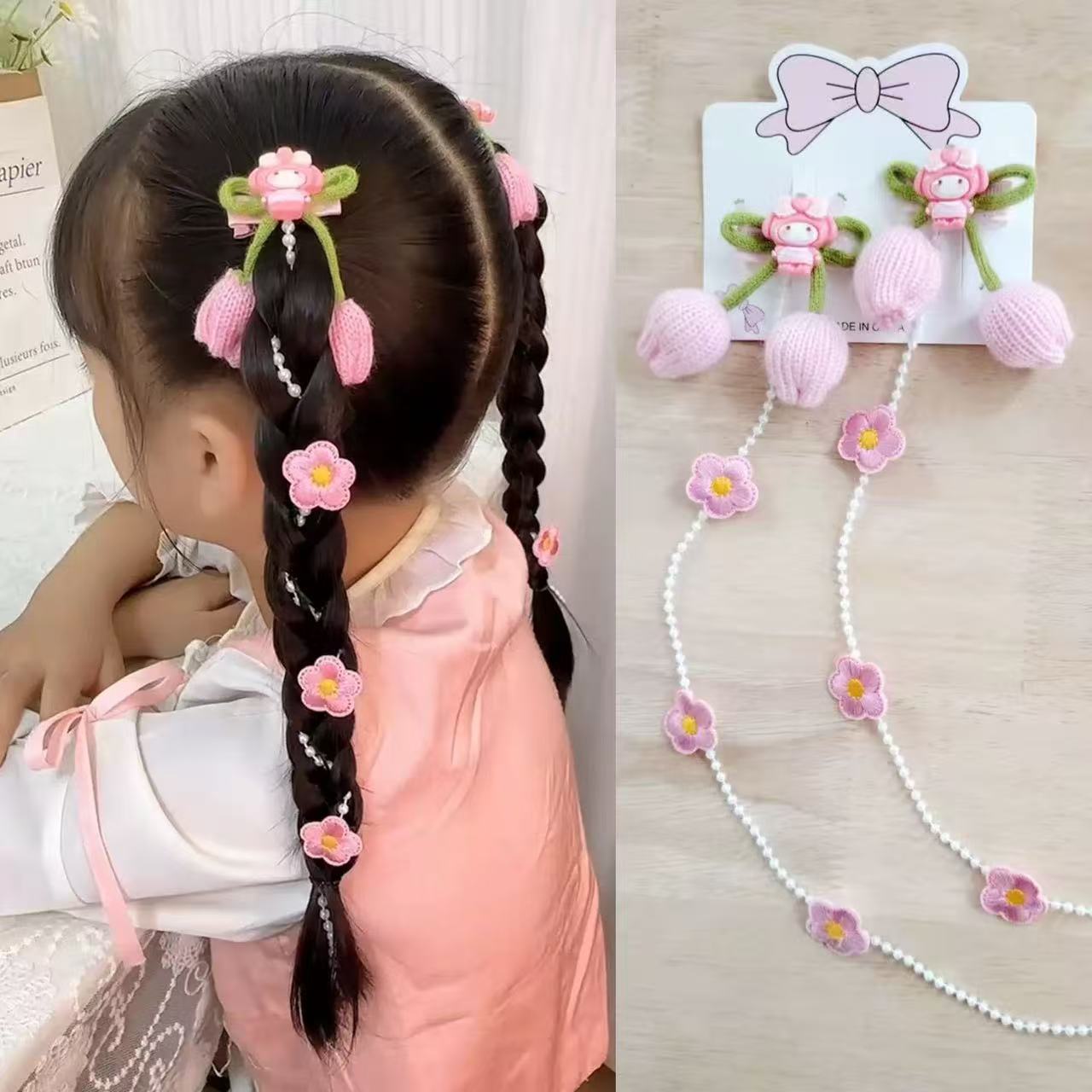 Cartoon Kidsren's Hairpin Pearl Tassel Hair Chain Girl Cute Princess Tiara Girl Hairpin Head Flower Clip Hair