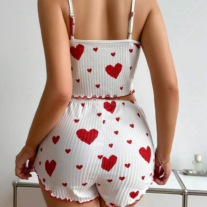 Summer New European and American 2024 Knitted Pit Strips Heart Print Design Sweet Suspender Shorts Pure Desire Pajamas for Women
