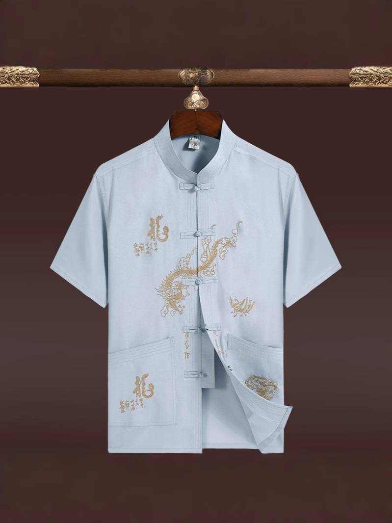 Casual Embroidered Shirt 2025 New Men's Middle-Aged and Elderly Dad Short-Sleeved Loose Thin Chinese Style Tang Suit Short-Sleeved