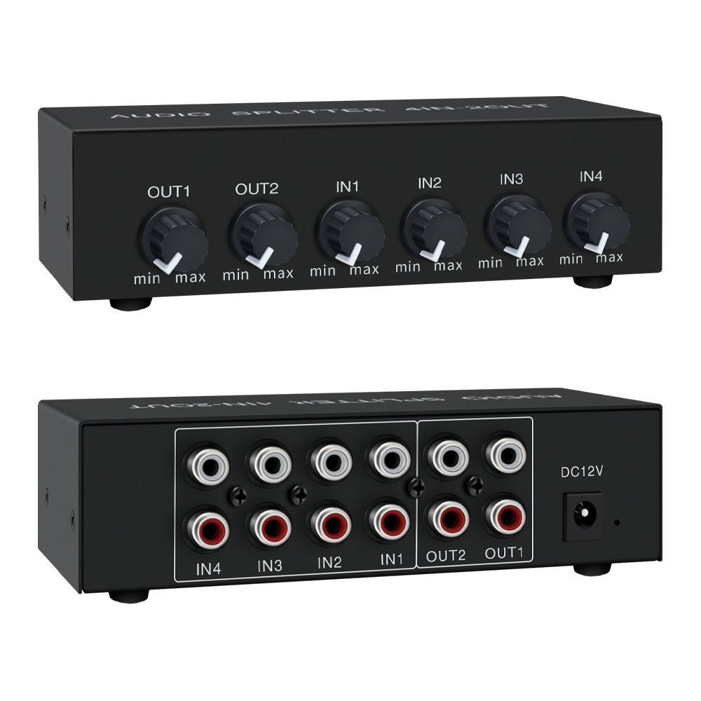 Audio splitter four in two out four in two out four in two out mixing lotus AUX high fidelity stereo with volume adjustment