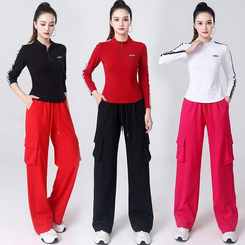 2024 Autumn New Half Zipper Long Sleeve Square Dance Slim Sports Clothing Women's Cotton Spot Suit