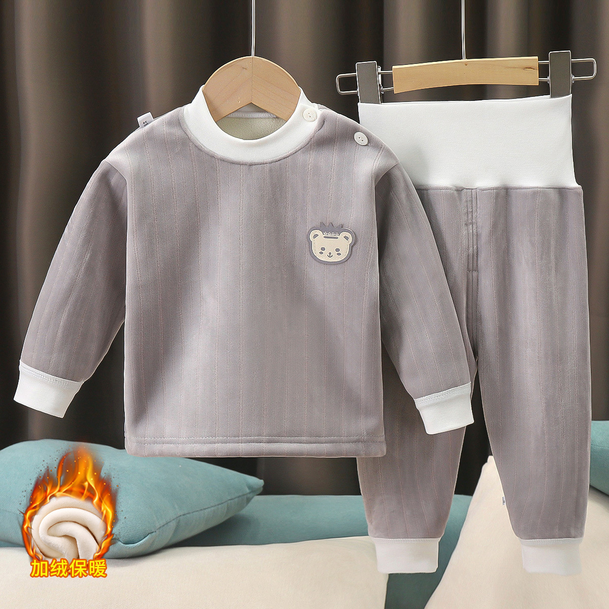Baby plus velvet suit children's high waist thermal underwear baby autumn clothes long pants spring and autumn men's and women's pajamas autumn and winter