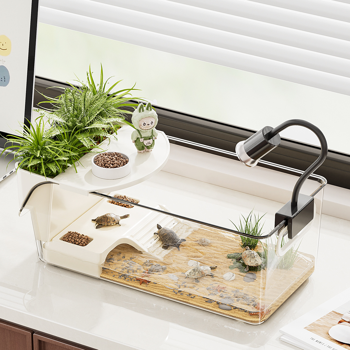 Turtle Breeding Tank with Plastic Platform, Ecological Landscaping, Small Fish Tank for Home Use, Small Reptile Pet Desktop Living Room Breeding Box