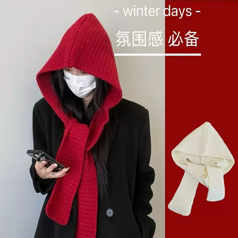 Зимний комплект шапки и шарфа, двухпредметный, однотонная теплая вязаная шапка, универсальный модный капюшон
