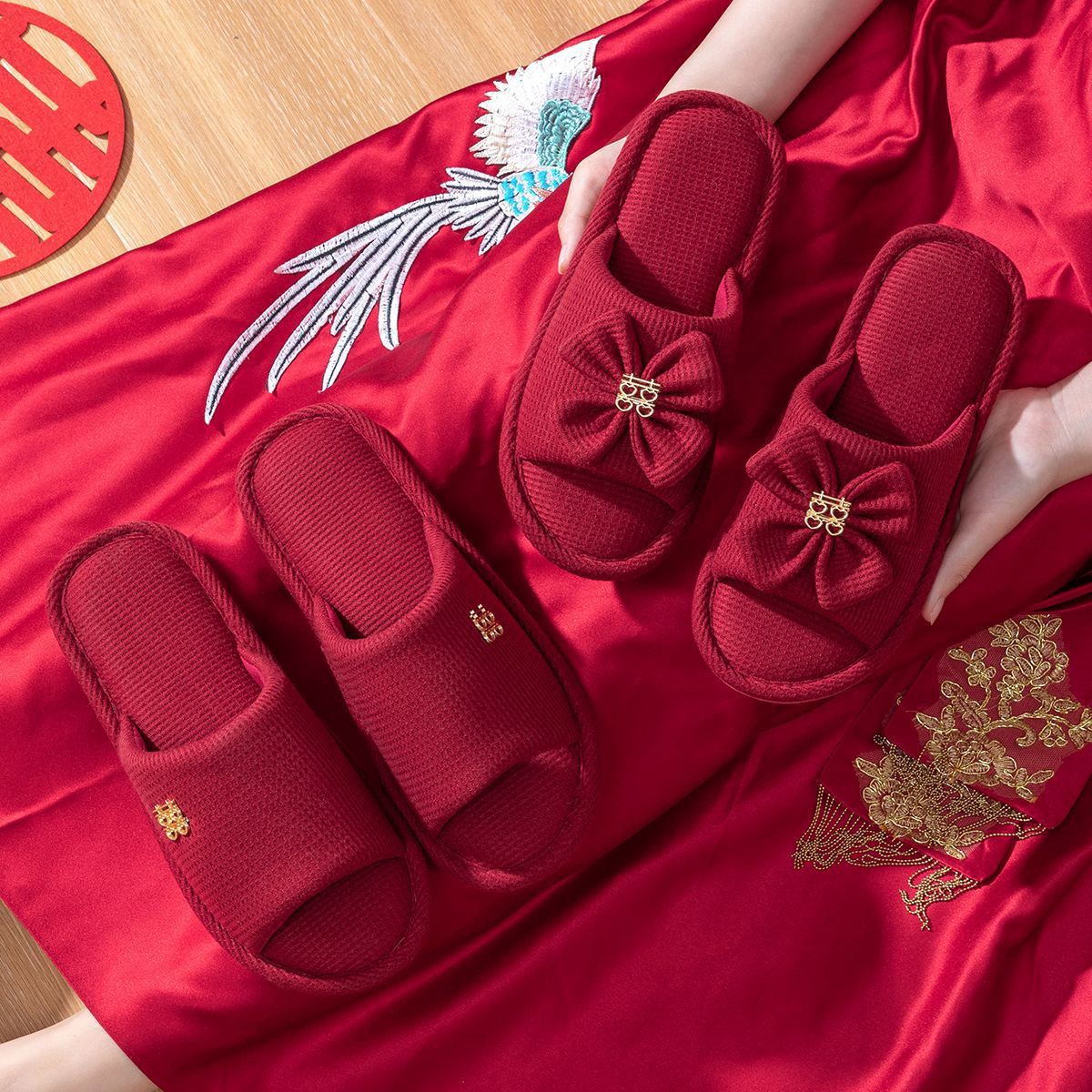 Lidani Wedding Slippers Wedding Festive Red Male and Female Couple Spring & Fall Accessible Luxury Newlywed Red Slippers
